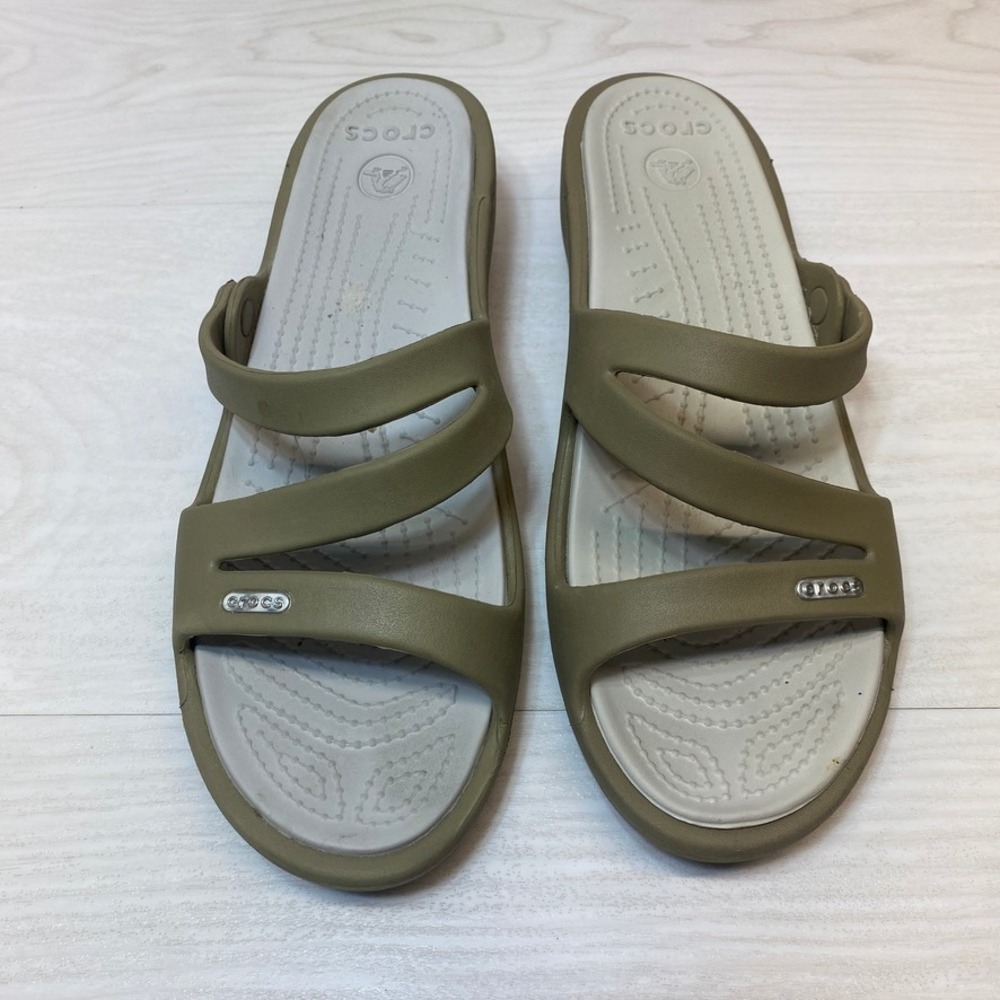 Crocs Womens 11 Meleen Twist Wedge Sandals Tan Croslite Strappy Slide